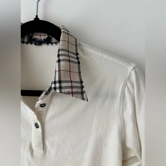 Burberry Blue Label Nova Check Collar Polo Top Cream Cotton Japan Small - Picture 3 of 12